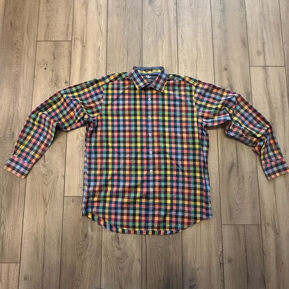 Bugatchi Uomo Shirt Mens Large Plaid Check Flip Cuff Button Down Long Sleeve - Picture 1 of 9